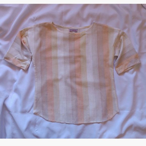 Cabrais Vintage Linen Short Sleeve Striped Neutrals Beach Short Sleeve Top L XL - Picture 2 of 10